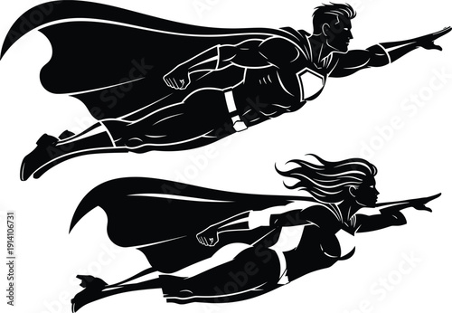 Black vector silhouette of a male and female superhero flying through the air with capes for comic book action power justice and heroic branding,