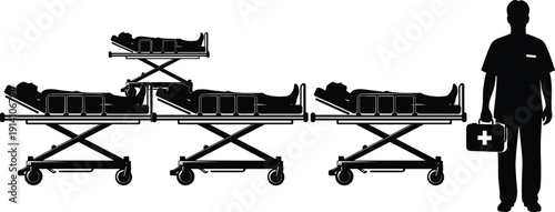 Black vector silhouette of a male medical professional with first aid kit standing by patients on hospital stretchers for emergency healthcare and clinical branding