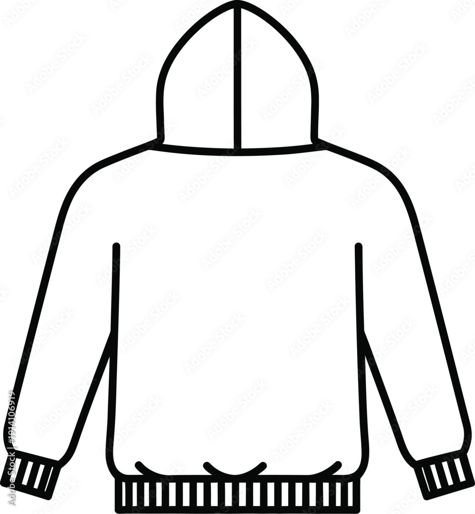 Obraz premium A simple, minimalist line art illustration depicting a front view of a hoodie with long sleeves and a hood.