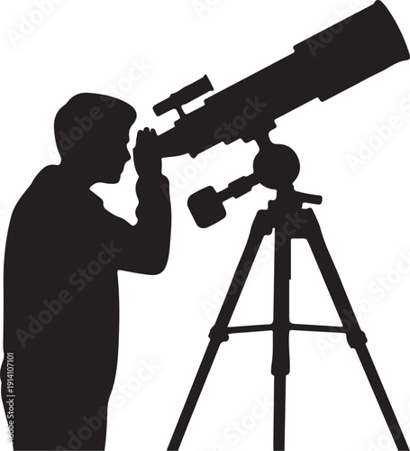 Silhouette of person using telescope on tripod astronomy