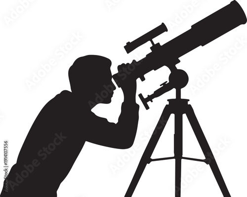 Silhouette of person using telescope on tripod observing