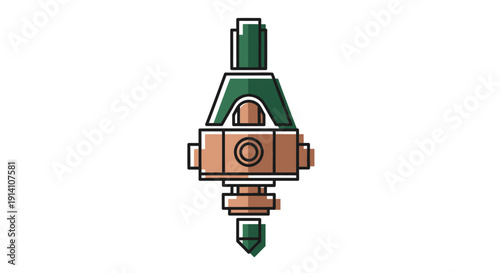 Stylized illustration of a mechanical component with green and brown parts, featuring a central block and a pointed tip.