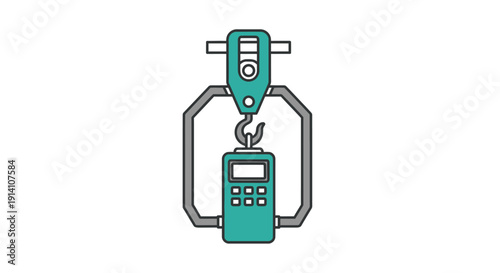 Digital dynamometer illustration showing a force gauge with a display and buttons, hooked to a top measuring device.