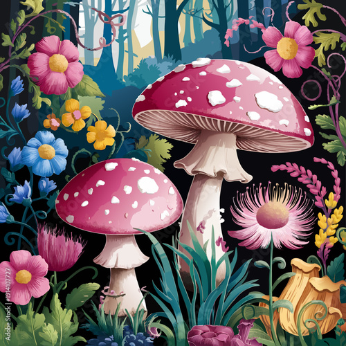 Enchanting scene of two vibrant pink toadstools nestled within a dark, mystical forest filled with an array of colorful flowers and foliage.