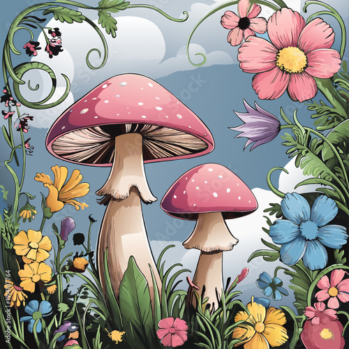 Charming illustration of two pink toadstools framed by swirling vines and colorful wildflowers against a cloudy sky, evoking a sense of wonder.