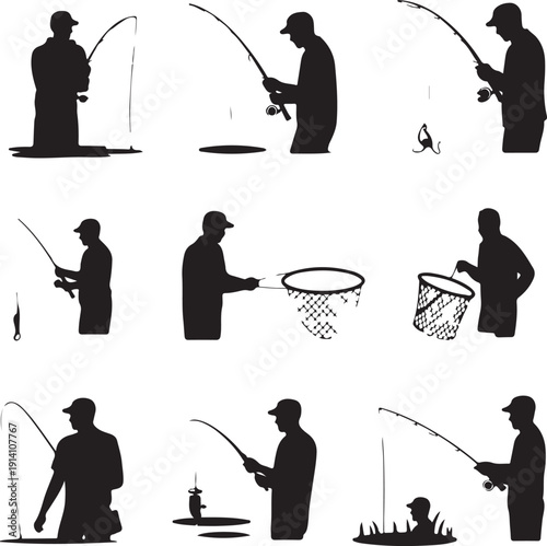 black silhouettes of men fishing alone outdoors recreationally