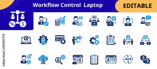 Business Workflow Control Laptop Dashboard Icon Collection