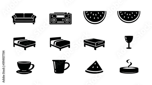 Collection of minimalist black silhouette vector icons including sofa, bed, boombox, watermelon, coffee cup, and wine glass.