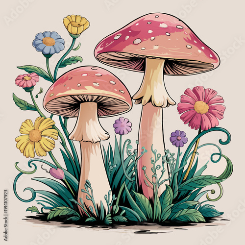 Delightful illustration of two pink spotted toadstools with cheerful wildflowers and detailed green foliage against a soft, neutral background.