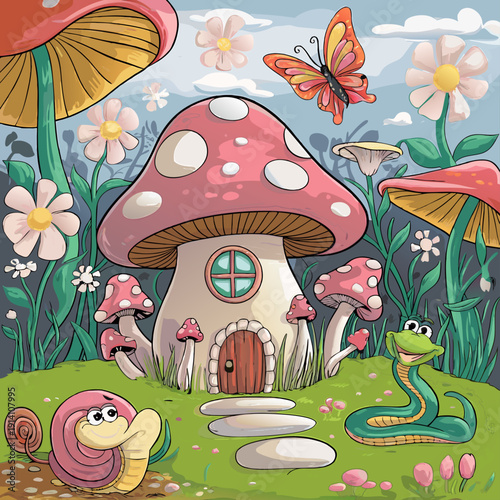 Enchanting fairy tale mushroom house nestled in a magical forest clearing with whimsical flora, a friendly snake, a snail, and a butterfly.