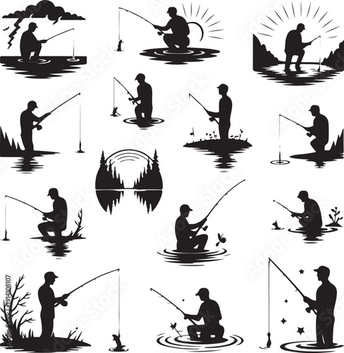 Black silhouettes of men fishing in various outdoor settings and poses