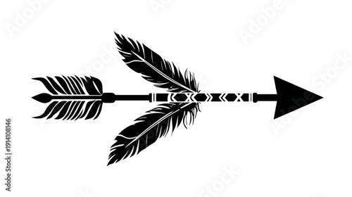Decorative feathered arrow silhouette illustration. Black design with intricate shaft details and plumage.