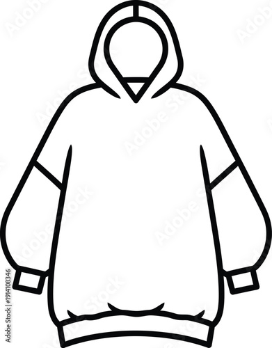 A simple black and white line art illustration of an oversized hoodie with balloon sleeves