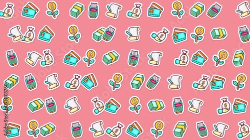 Pink background with scattered financerelated icons. Suitable for financial presentations, social media posts, and blog graphics on money topics.