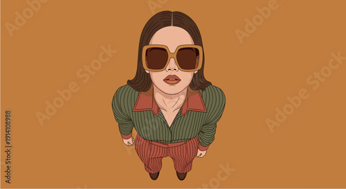 A stylish woman with dark hair and oversized sunglasses looks directly upwards, depicted in a unique, high-angle cartoon illustration with a retro aesthetic.