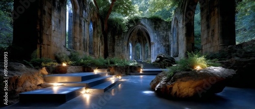 Ancient Abandoned Medieval Temple Ruins in Forest With Mystical Light and Stone Architecture