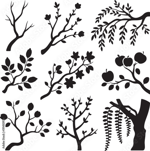 black silhouettes of various tree branches with leaves and fruits