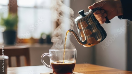 hand pouring dark coffee into a transparent cup on a wooden table 