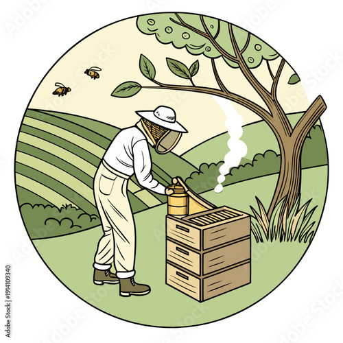 Beekeeper in protective clothing smoking bee hive in rural landscape