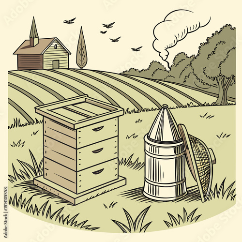 Traditional beekeeping equipment in a rural landscape