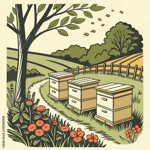 Traditional honey farm with beehives and flowers bees