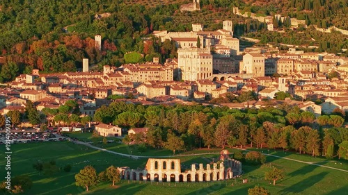 Aerial view of historic Gubbio town at sunset in Umbria, Italy