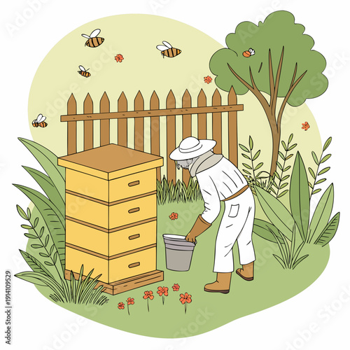 Beekeeper in white suit inspecting yellow beehive in garden with wooden fence