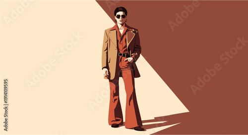 Stylish man in a retro-inspired brown suit and bell-bottoms, standing confidently against a warm, minimalist background with strong shadows.