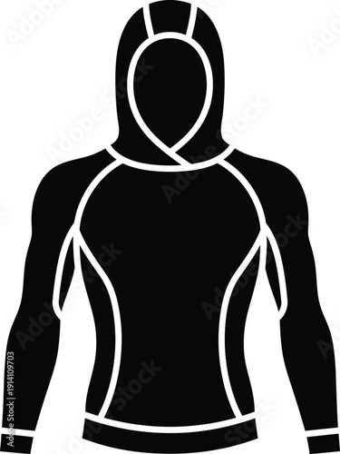 Simple black silhouette icon representing a technical long-sleeve hoodie or rash guard for sports