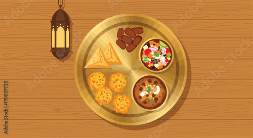 Traditional Ramadan Iftar Platter with Dates, Samosa, Pakora and Haleem – Top View Vector Illustration