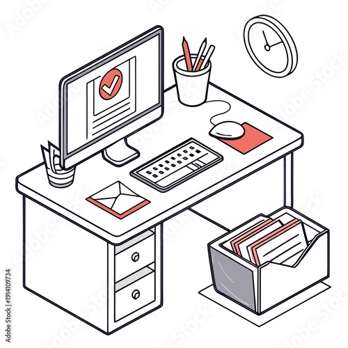 Office desk with computer and paperwork monitor keyboard