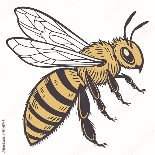 Yellow and black bee with white wings standing still