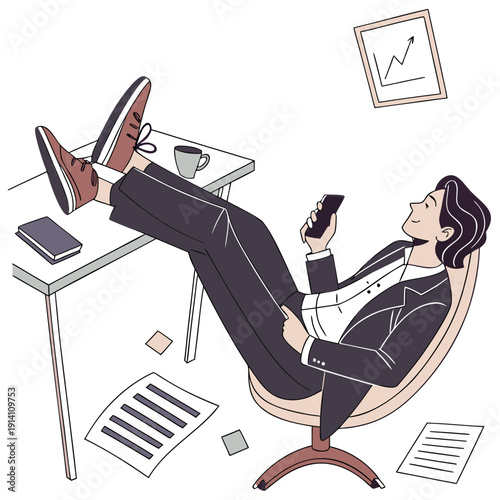 Relaxed businesswoman in office chair with feet on desk holding phone