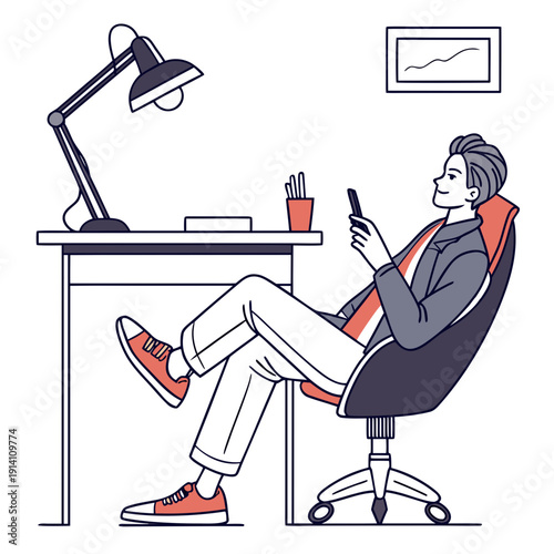 Relaxed businessman sitting at desk with phone