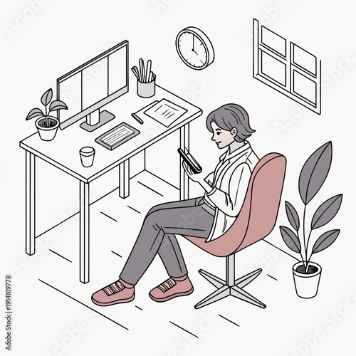 Woman sitting at desk with computer and phone chair