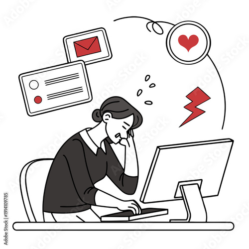 Woman sitting at computer with digital distraction symbols