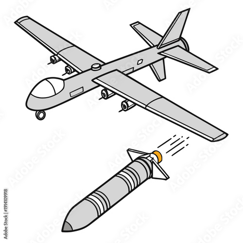 Gray drone launching missile in mid air unmanned aerial vehicle