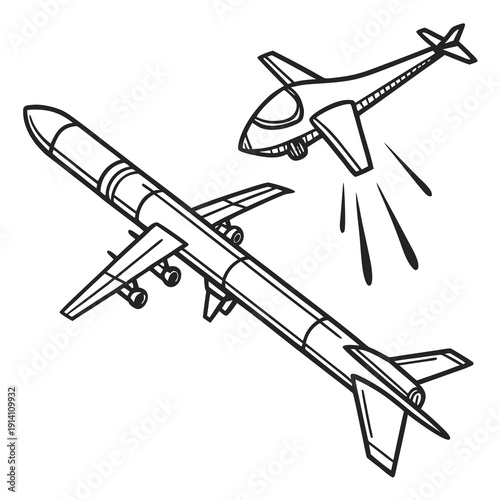 Black and white line of drone and missile in mid air