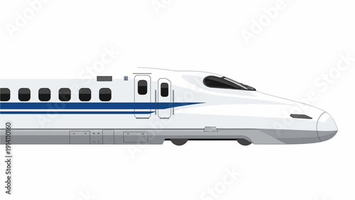 High-speed train with blue stripe traveling on tracks against a plain white background.