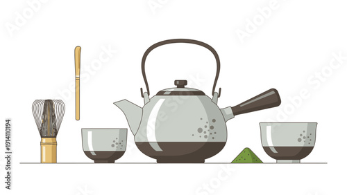 Illustration of a traditional Japanese tea set with a teapot, two cups, a whisk, and a green tea leaf on a white background.