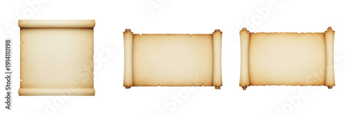 Set of Ancient Paper Scrolls and Vintage Parchment Manuscripts Isolated on White Background