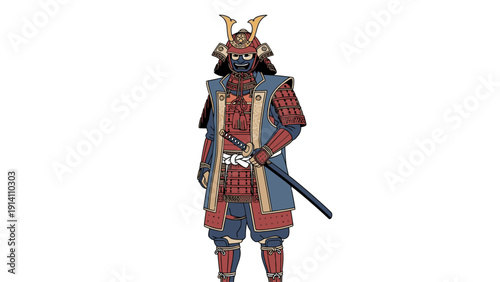 Illustration of a samurai warrior wearing traditional armor and holding a sword against a white background.