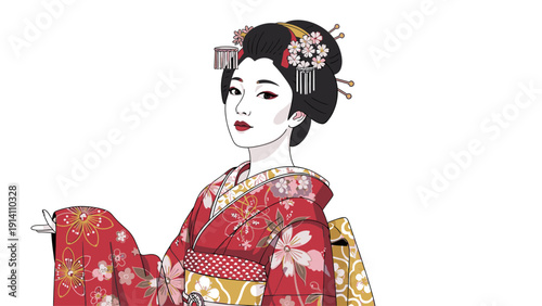 A traditional Japanese woman wearing a vibrant red kimono with floral patterns sits elegantly against a clean white background.