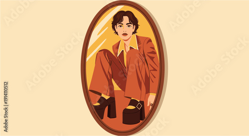 A stylish person in a retro-inspired brown suit with platform shoes is reflected in an oval mirror, showcasing a vintage aesthetic.