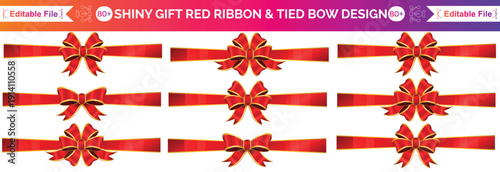 Vector decorative shiny gift red ribbon with tied bow design element isolated on white background.