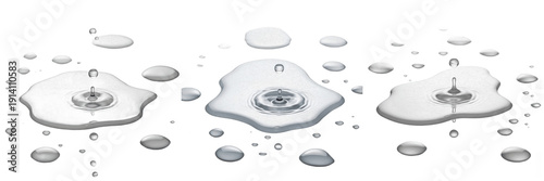 Set of Clear Water Droplets and Puddles with Ripples Isolated on White Background for Hydration Concept