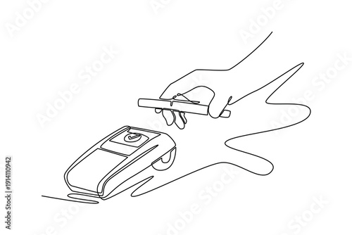 hand holding a smartphone near a payment terminal, ready to complete a transaction. Payment Online concept. Single line draw design. Full length animation illustration. High quality 4k footage