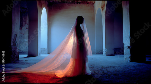 A mysterious figure in a veil inside a dim, architecturally rich interior 