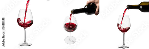 Set of Red Wine Pouring into Glasses and Bottle Stream Isolated on White Background for Fine Dining and Bar Design