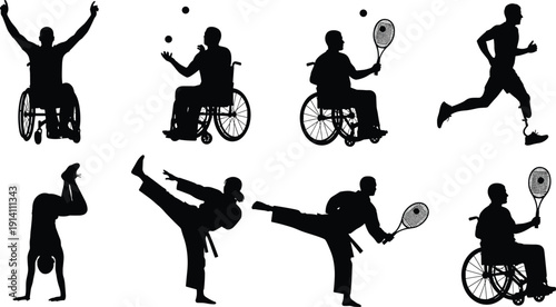 Adaptive Sports Silhouette Collection, Disabled Athletes in Wheelchair Tennis, Running with Prosthetic Leg and Martial Arts Action Poses